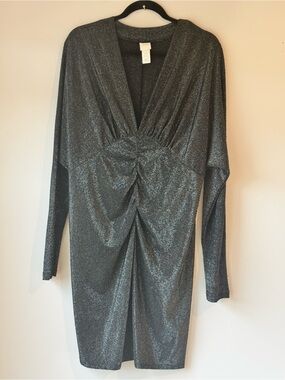 H&M Metallic Glitter Dress XL Silver Ruched Bodycon Long Sleeve Party Cocktail